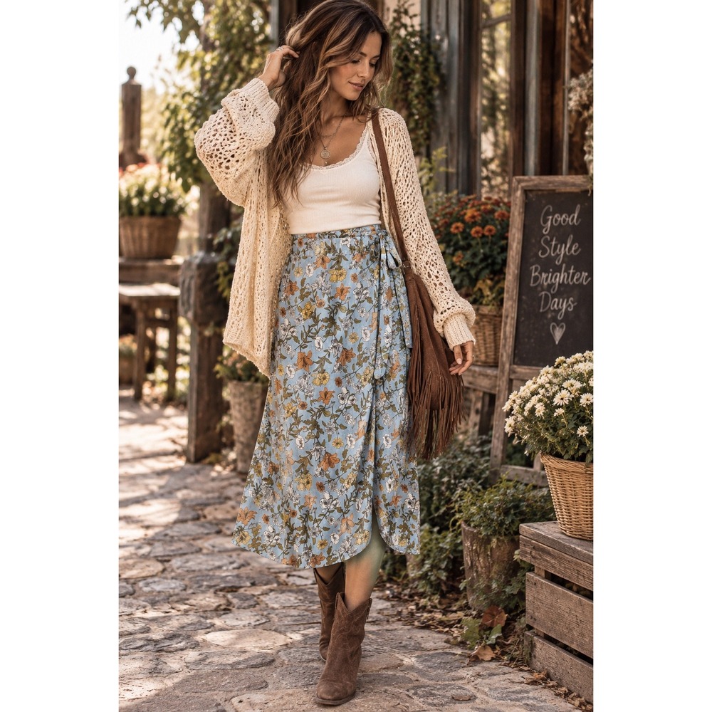 Cynthia Rowley Blue Floral Linen Blend Wrap Midi Skirt Large Cottagecore Boho
